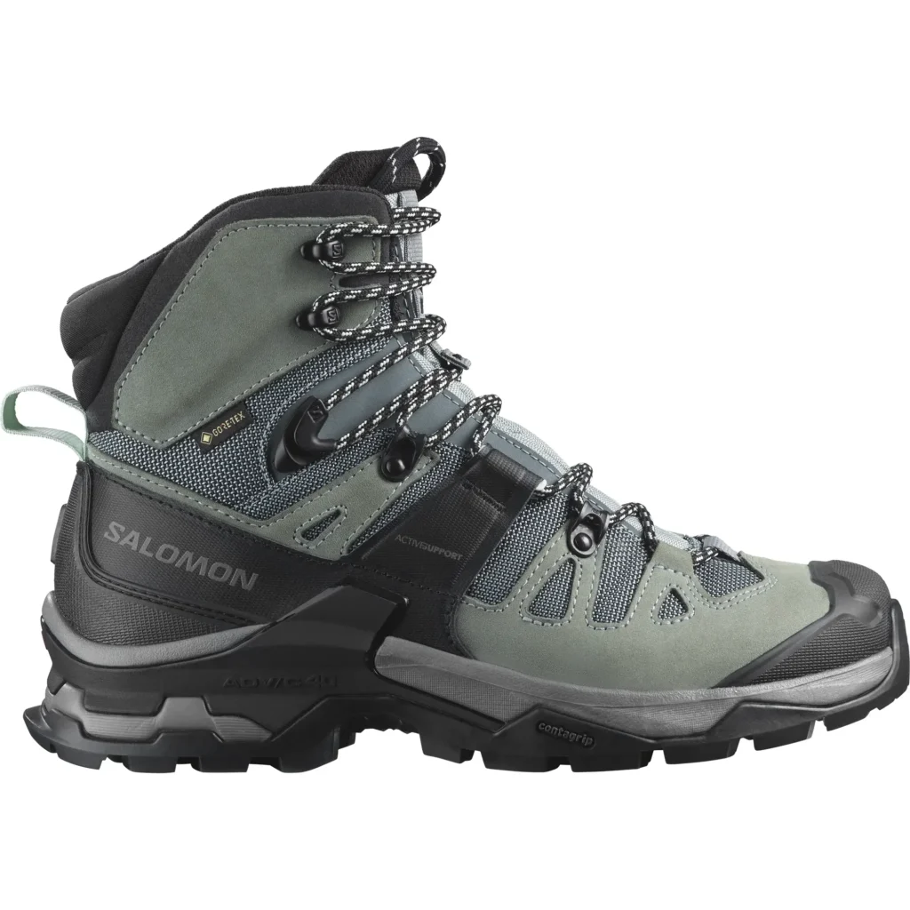 High-cut backpacking boots like Salomon Quest 4 GTX provide strong ankle support for heavy loads and mountain terrain.