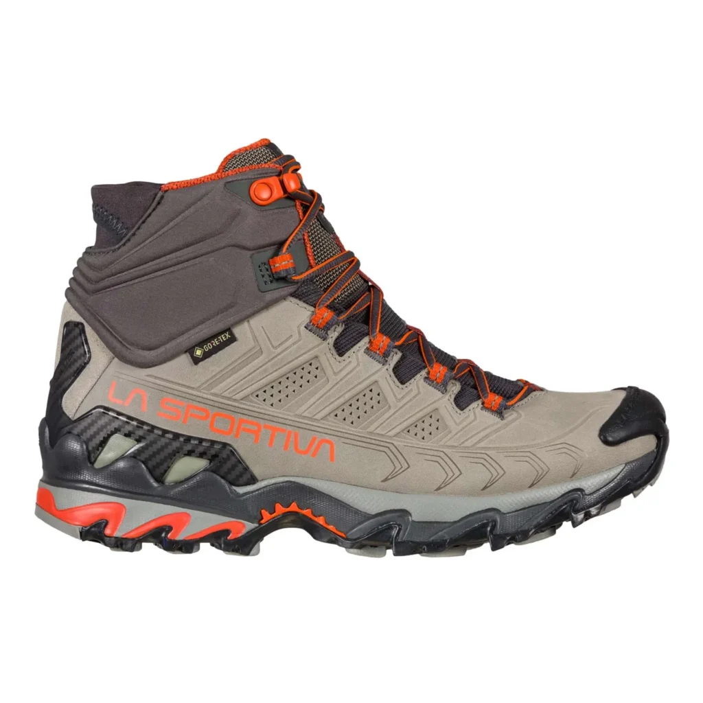 Left side view of La Sportiva Ultra Raptor II Mid GTX hiking boots showing design and structure.