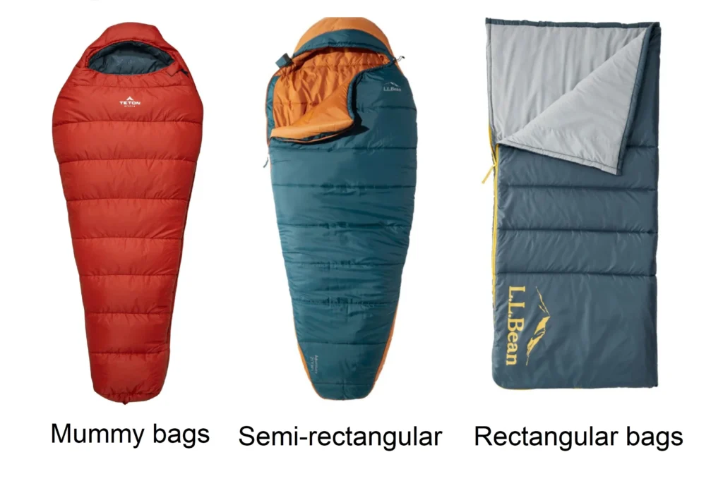 Three sleeping bag shapes displayed side by side: a mummy bag, a semi-rectangular (spoon) bag, and a rectangular sleeping bag.